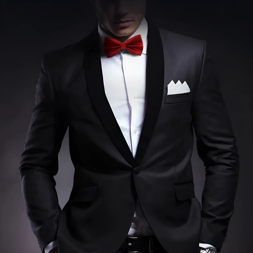 Solid colour flat head bow tie for formal wear in multiple colours including black, red, and blue.