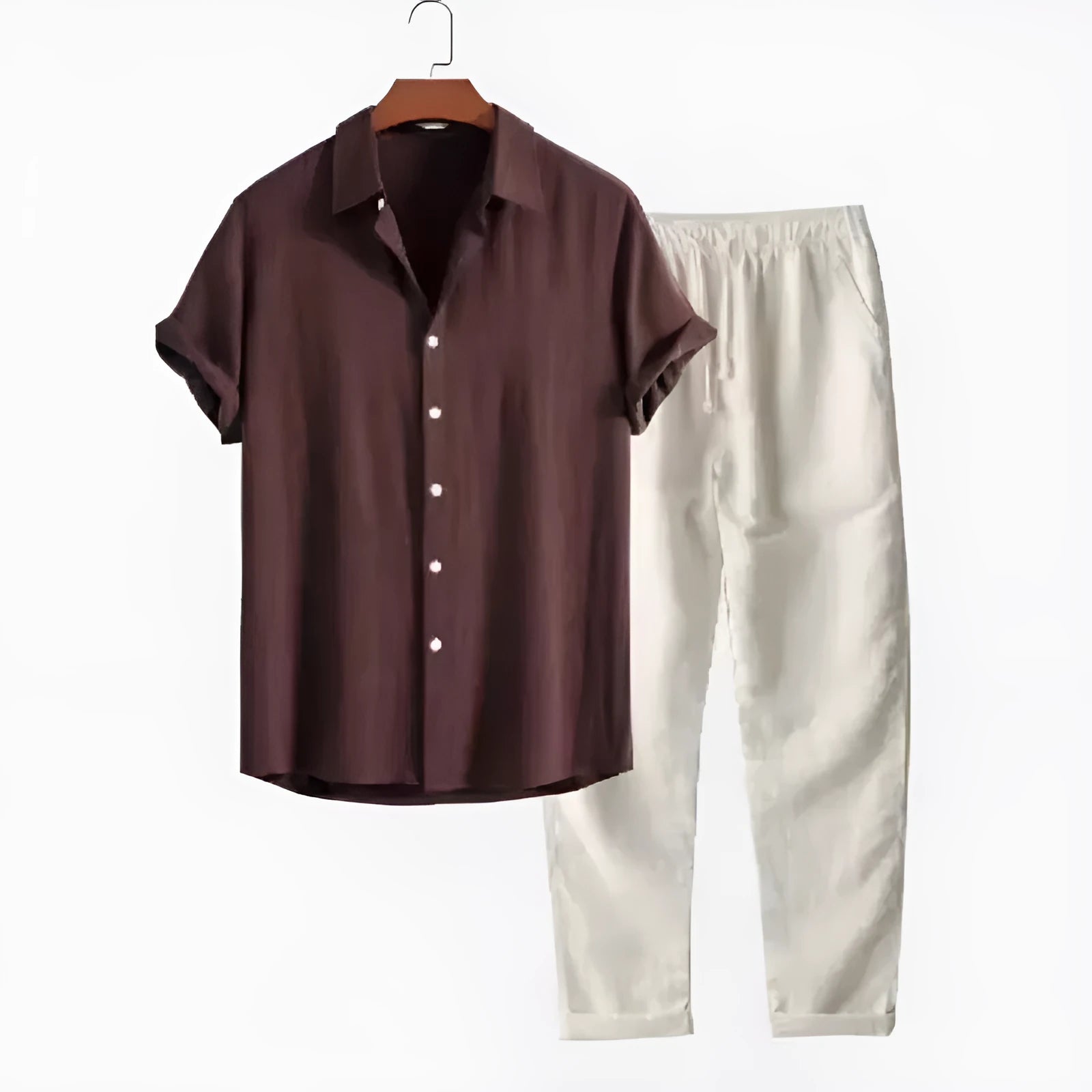 Men's loose fit linen-blend short sleeve shirt and trousers casual suit set on a hanger.