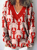 Women's V-neck long sleeve sweatshirt with a detailed 3D floral printed pattern in a retro style.