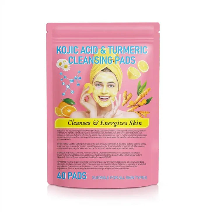 Yellow compressed turmeric cleansing pad with kojic acid, made of sponge material, for facial cleansing