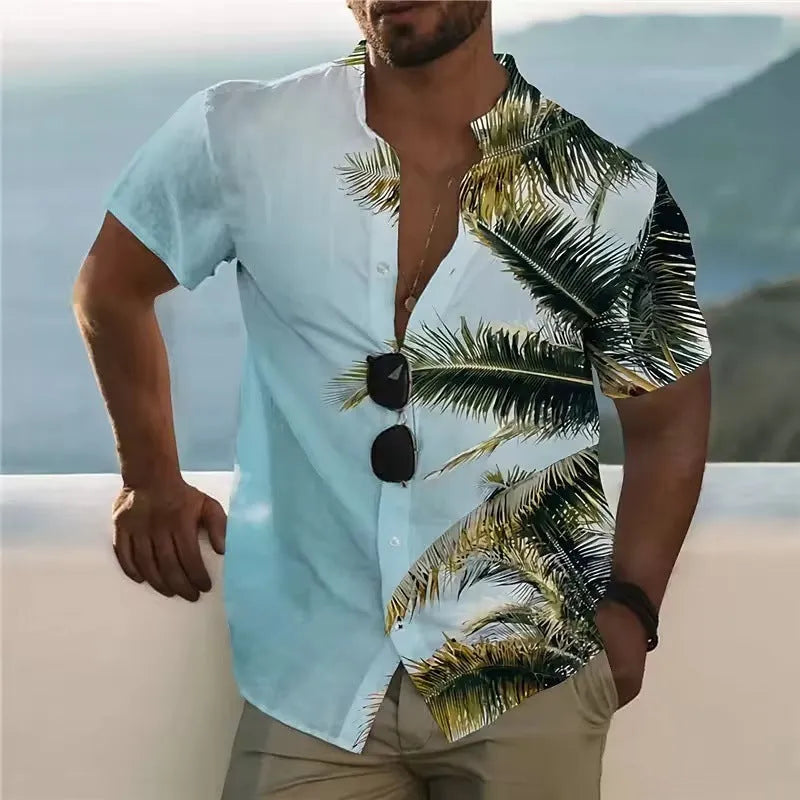 A man's loose-fitting short sleeve cardigan-style top with a colourful floral print.