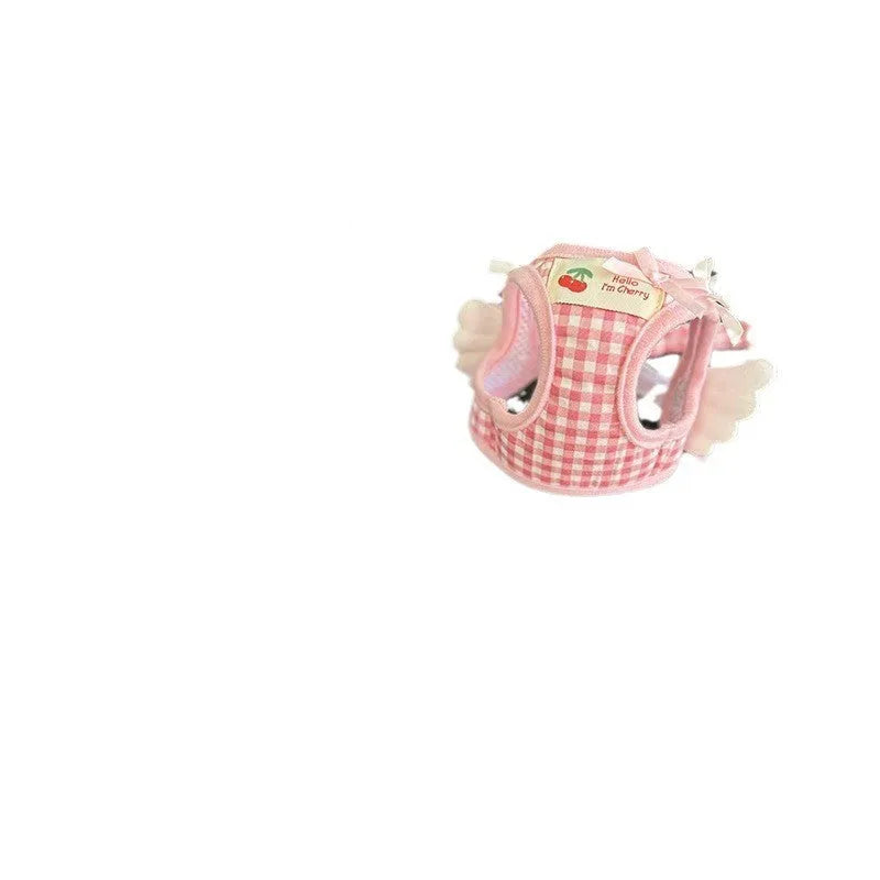Cotton chest and back dog harness with hand-holding rope in pink and black colours