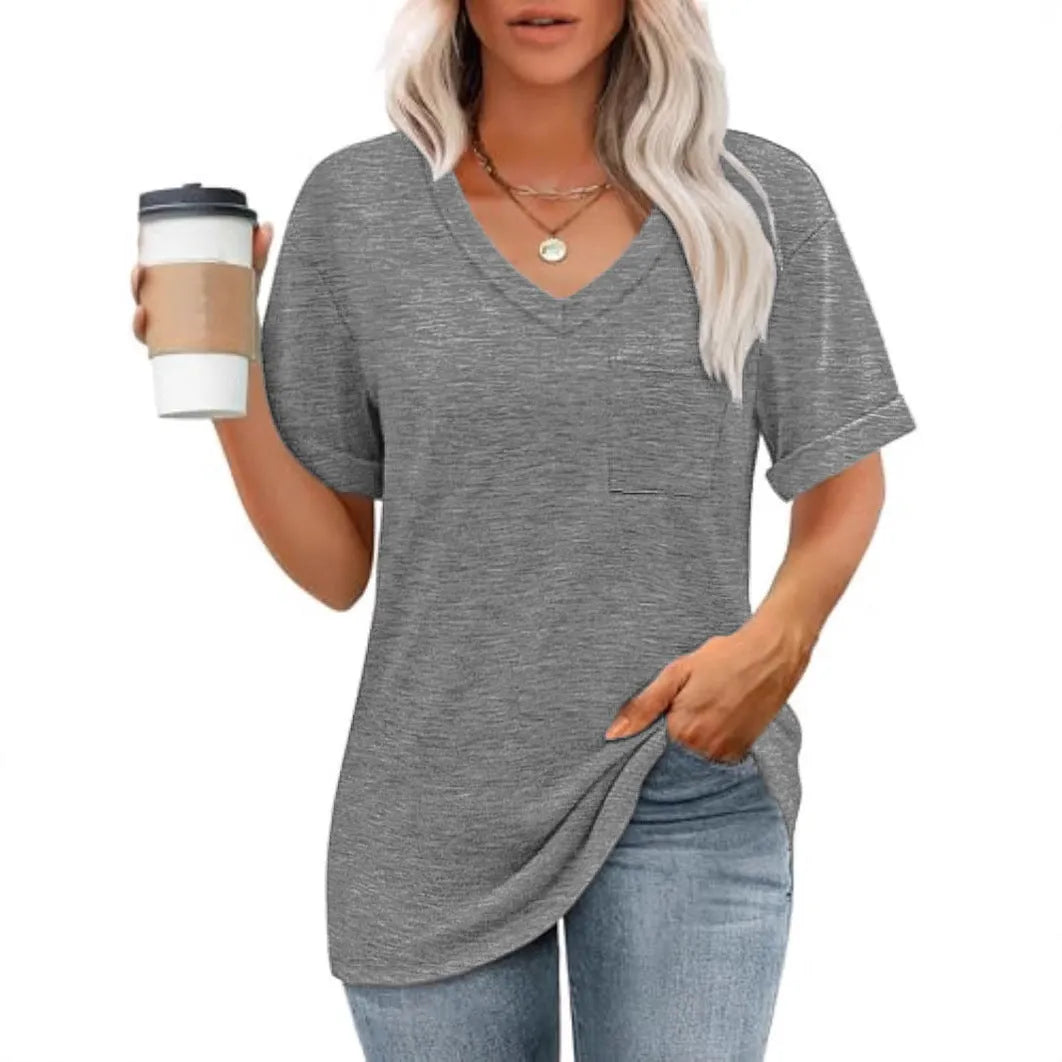 Grey loose V-neck T-shirt with front pocket, short sleeves, casual styling