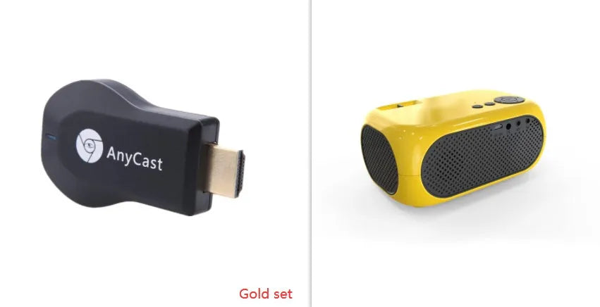 M24 gold and white micro mini portable LED projector with power adapter and AV cable on a grey background