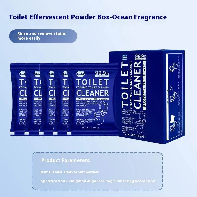 Toilet bubble powder in blue ocean and pink floral fragrances for descaling and anti-blocking