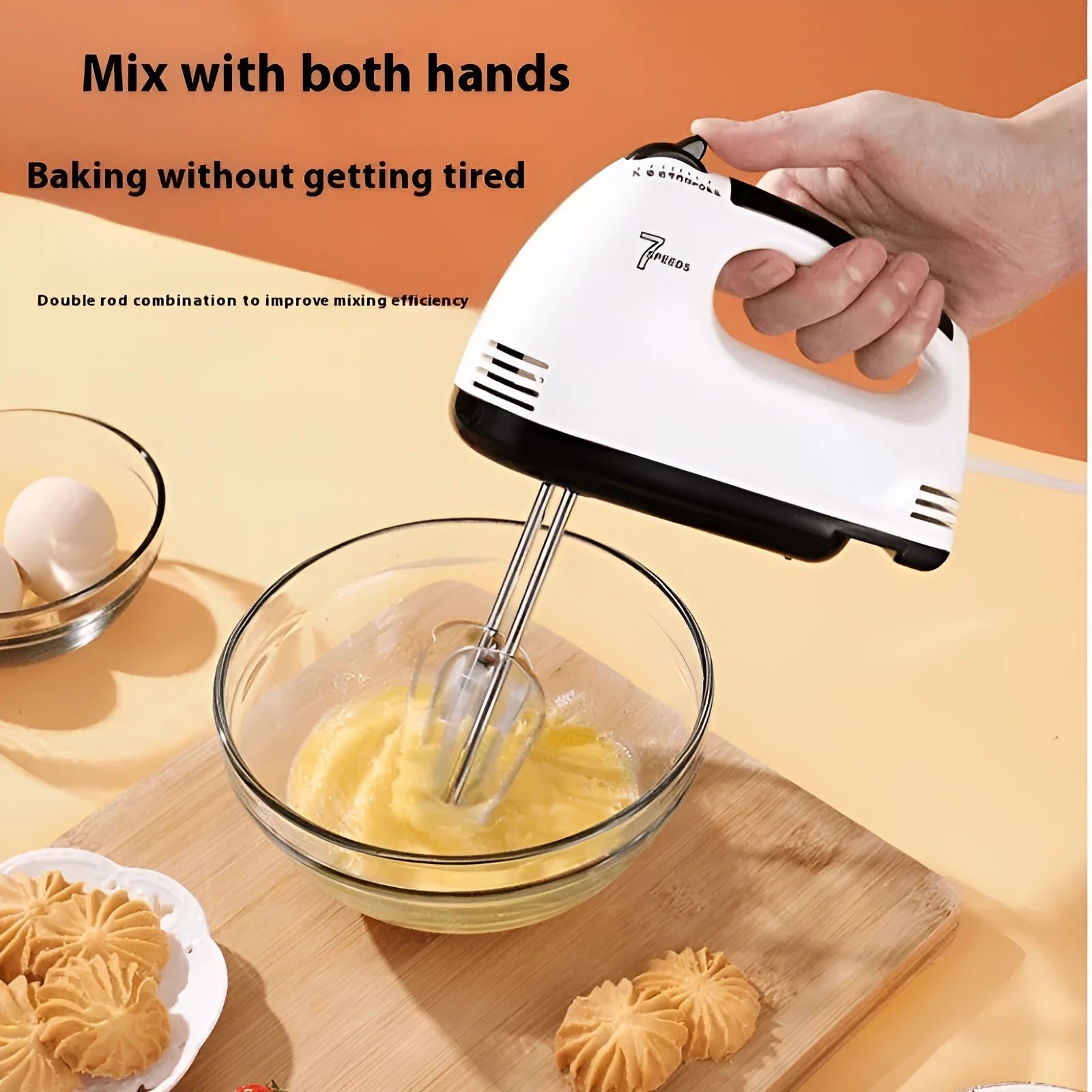Electric egg beater hand mixer in white with silver beaters, 100W, 7-speed control, EU plug