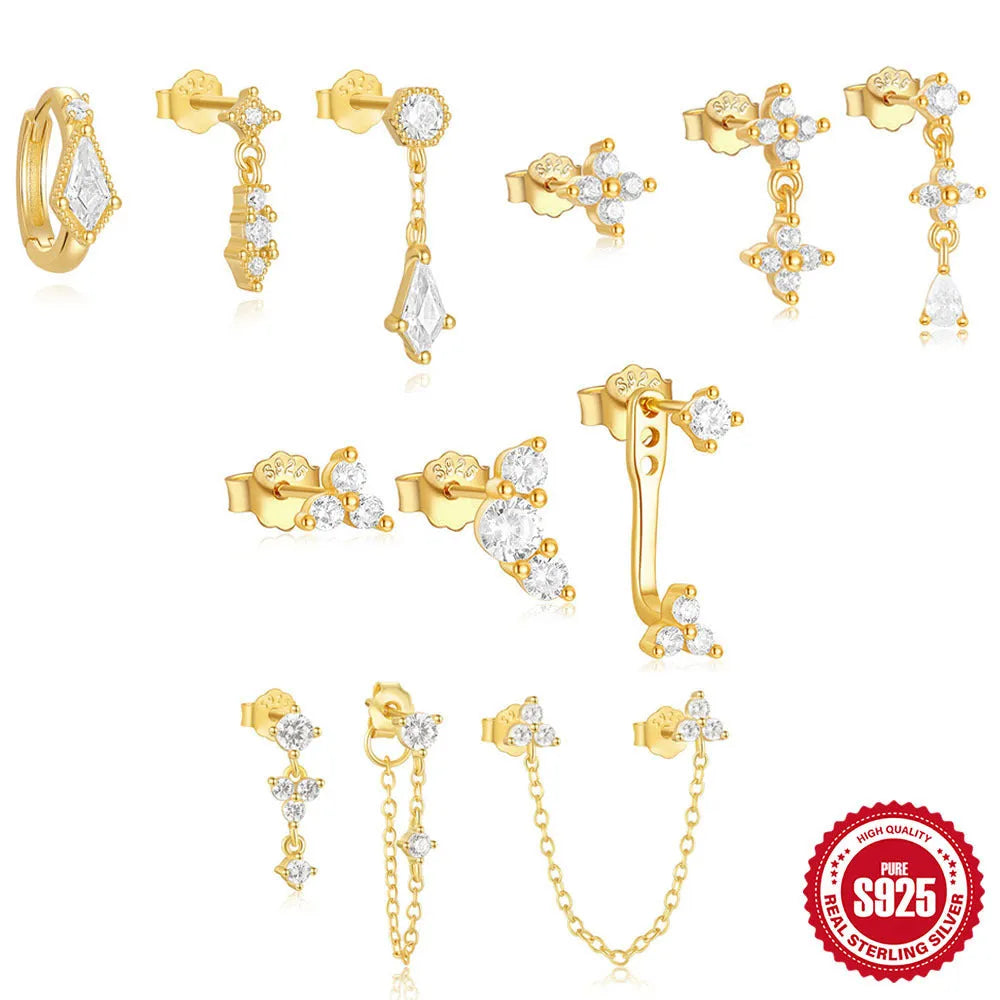 Set of three S925 sterling silver geometric tassel stud earrings in gold colour.