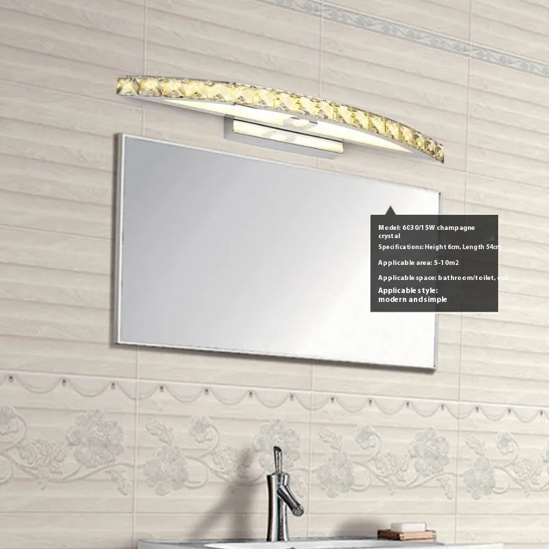 LED wall lamp with crystal face and stainless steel body in arc design for bathroom use