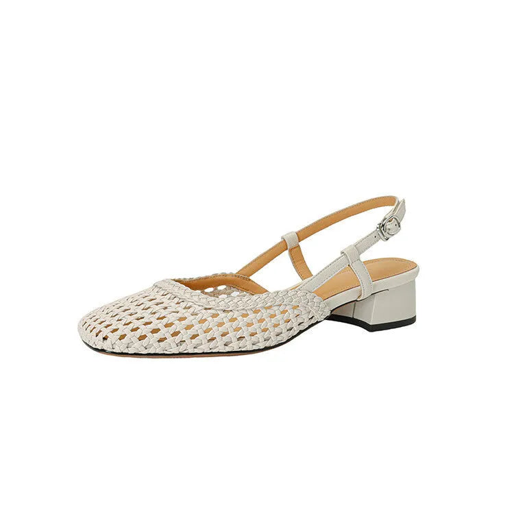 Women's woven hollow-out sandals with closed toe, 4cm chunky heel, and belt buckle fastening in beige colour