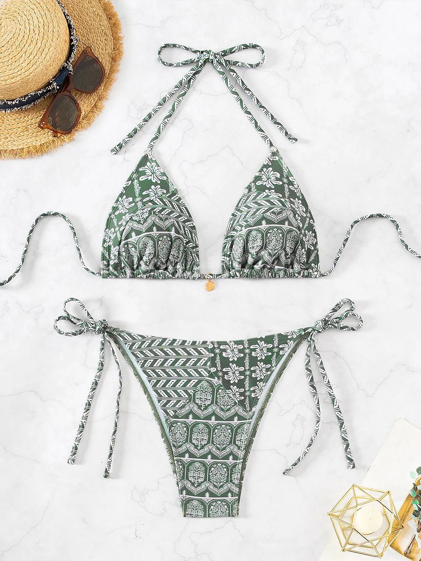 Women's split bikini swimsuit with bandage stitching in polyester material