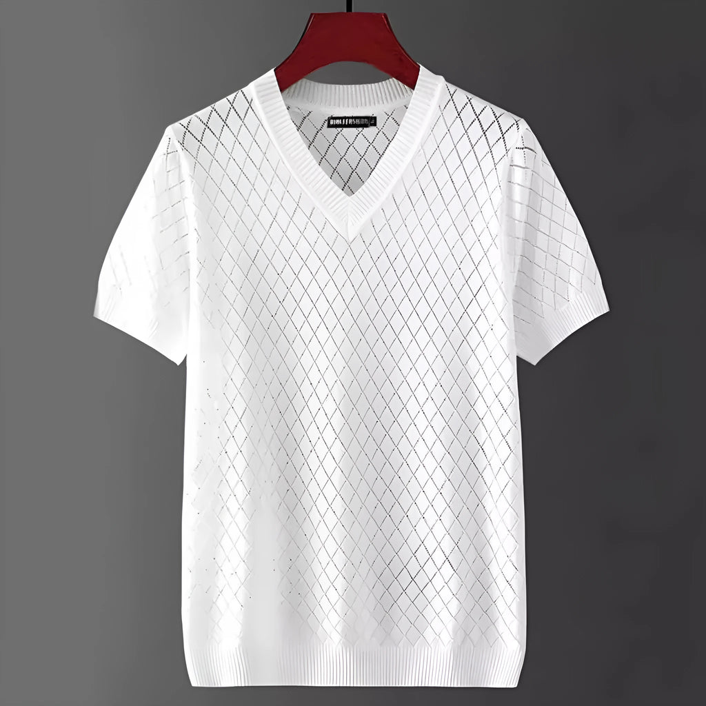 Men's ice silk Korean style short sleeve T-shirt available in white or black with V-neck or round neck options.