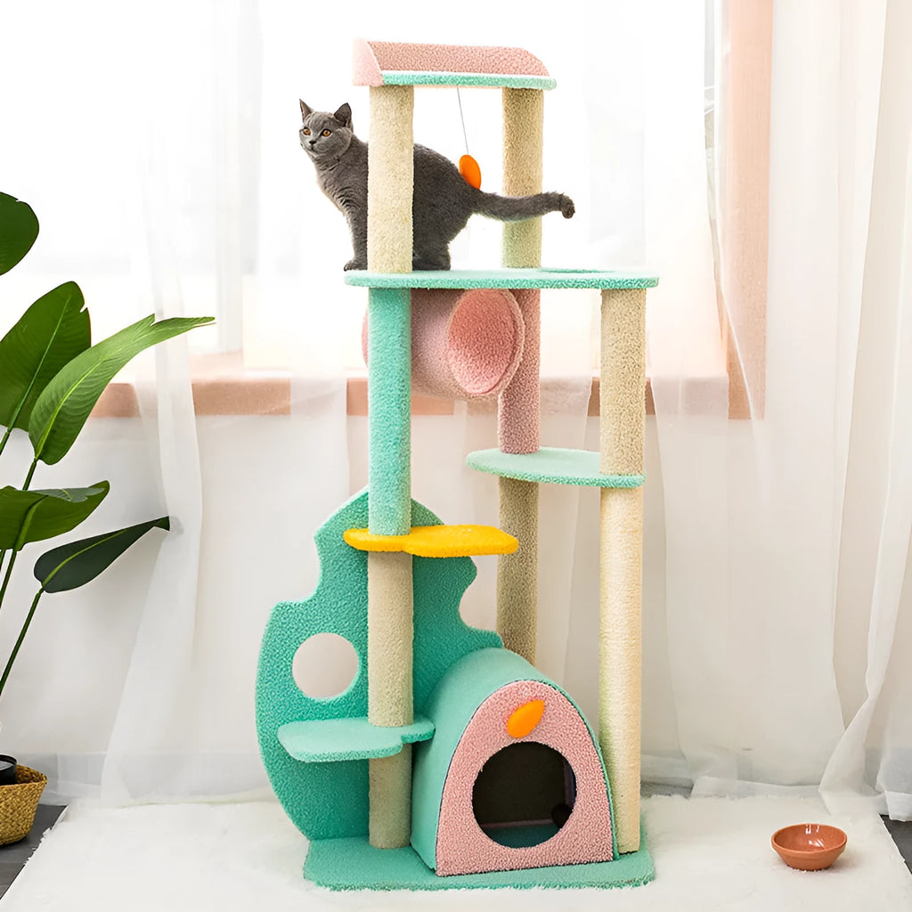 Large cat scratching post climbing frame with sisal column and soft velvet fabric in multiple sizes for rest and paw grinding