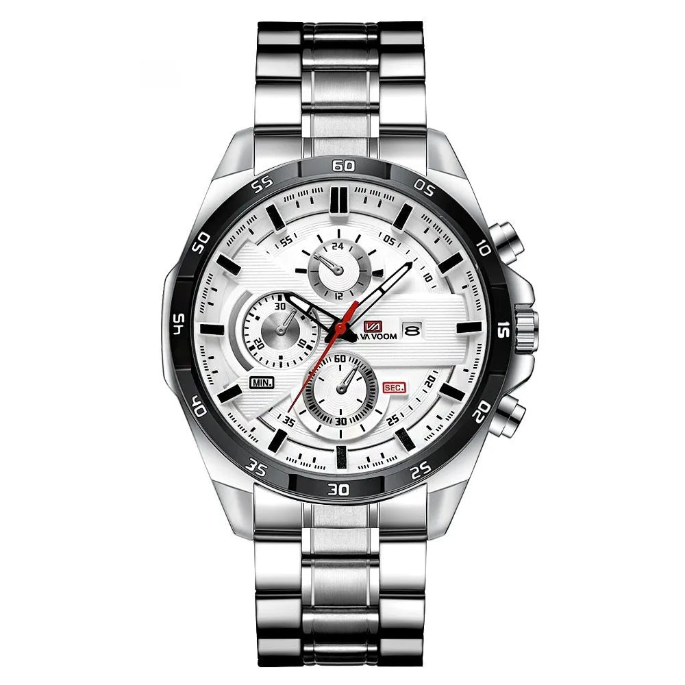 Men's casual quartz watch with business calendar on black leather strap and rose gold case.
