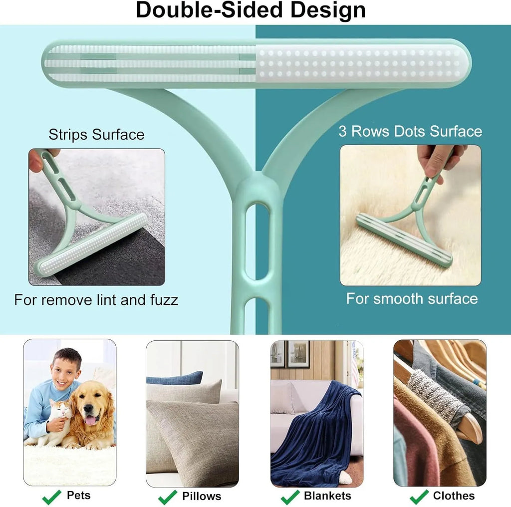 Three-piece pet hair remover set with metal scraper, silicone lint brush and round fuzz remover.
