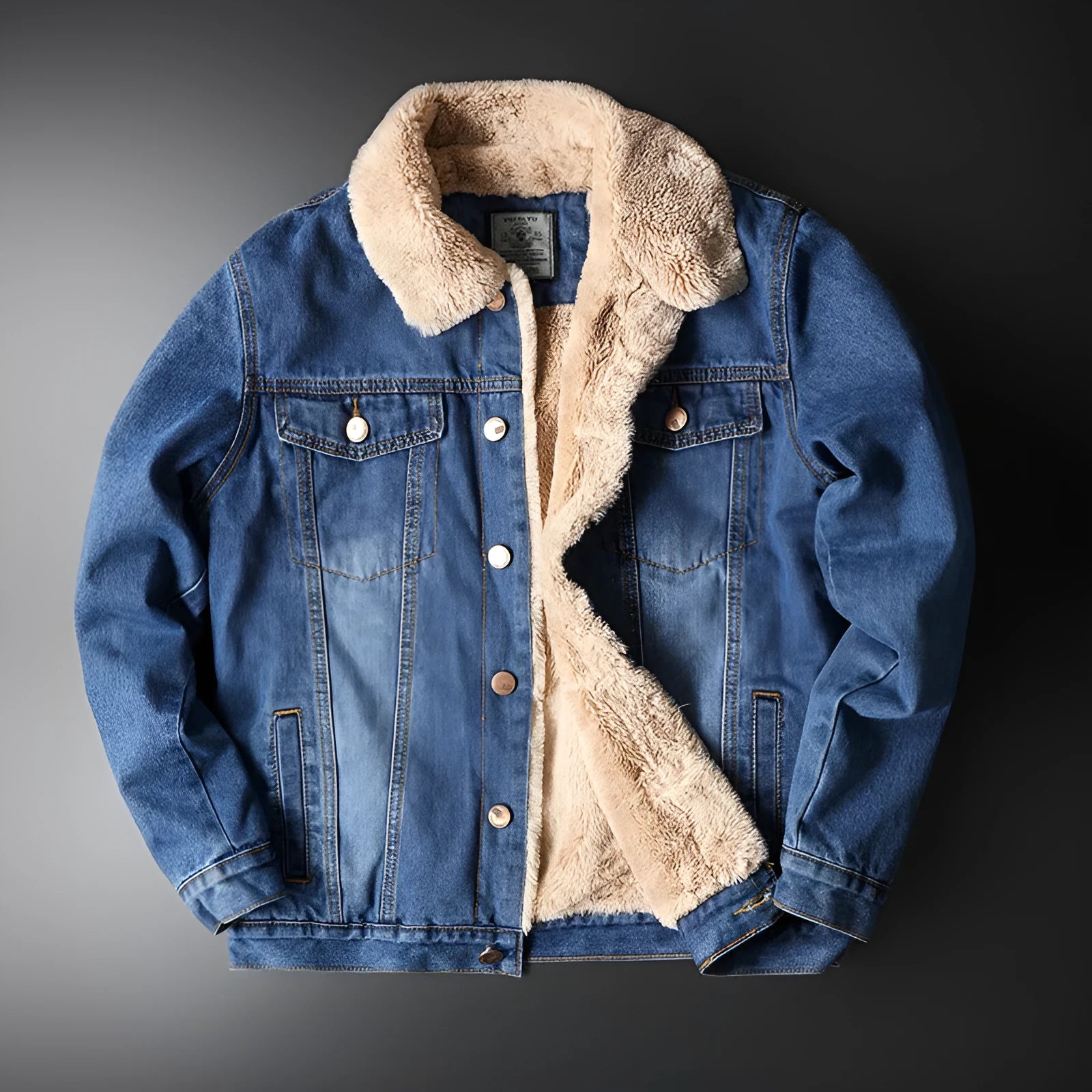 Men's blue fleece-lined denim jacket with patch pockets and cotton lining