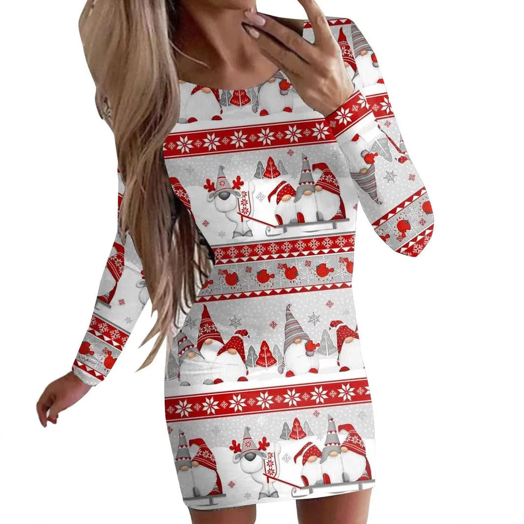 Women's red Christmas print narrow dress with animal pattern, round neck, long sleeves