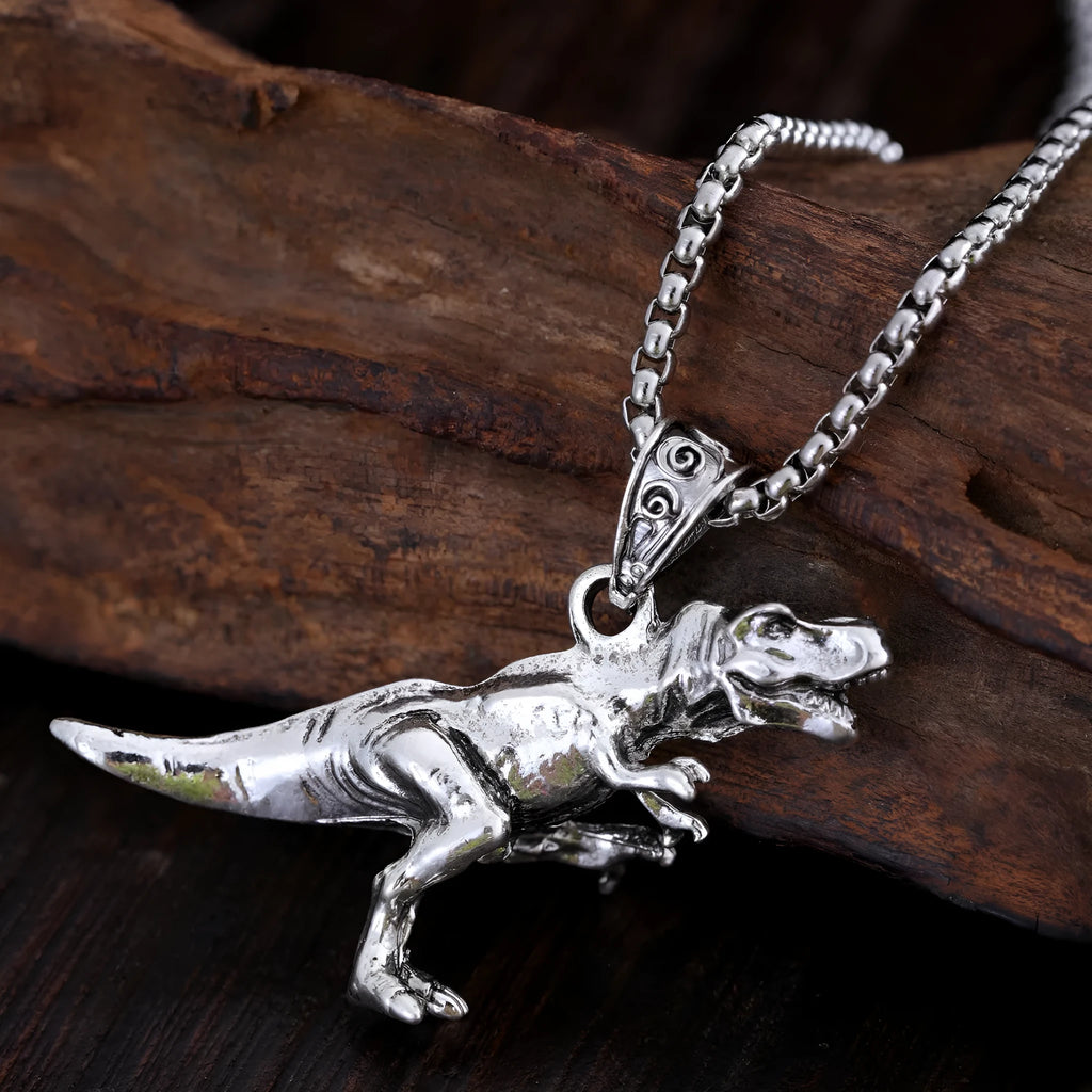 New hip hop style versatile titanium dinosaur pendant in silver tone on a neutral background