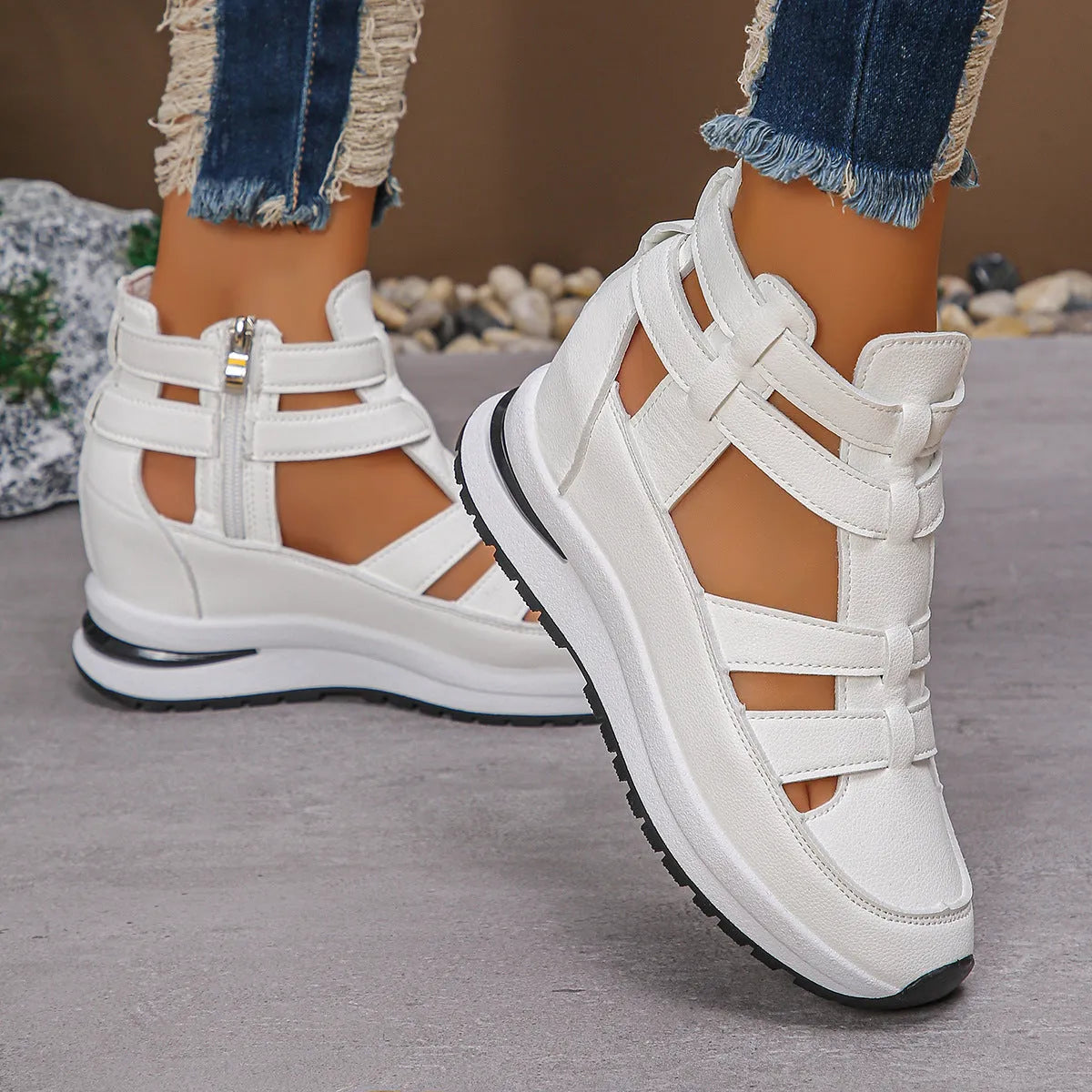 Women's black close-toed platform sandals with hollow-out design and Velcro strap