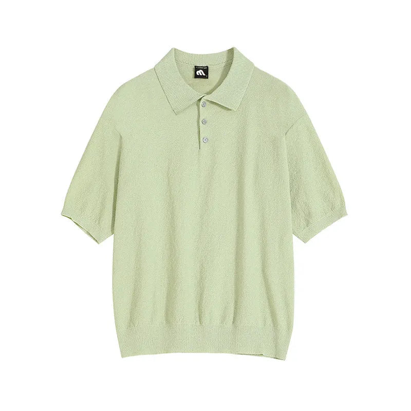 Men's caramel coloured retro knitted polo shirt with short sleeves and asymmetrical design detail