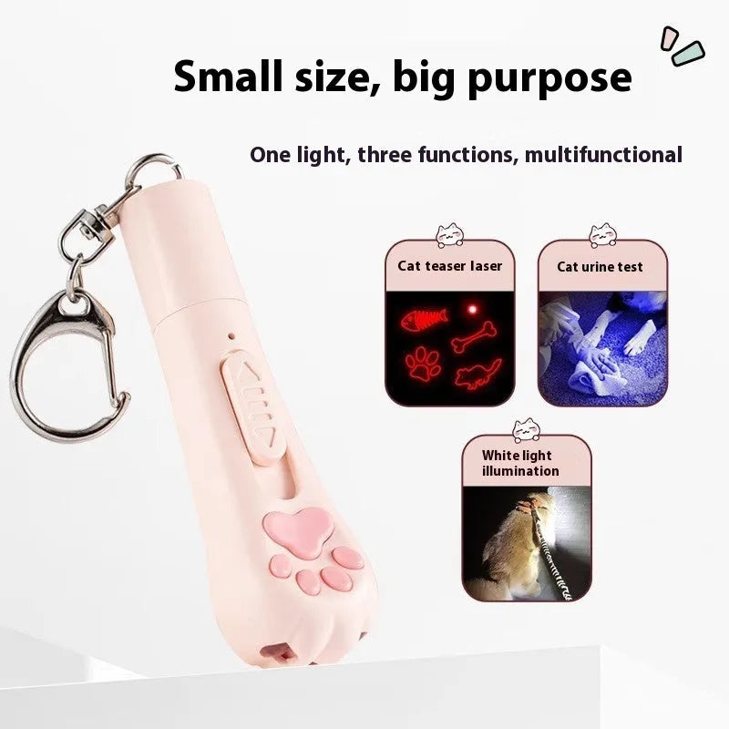Colourful cat teaser wand toy with feather attachment and pen light charger for interactive play.