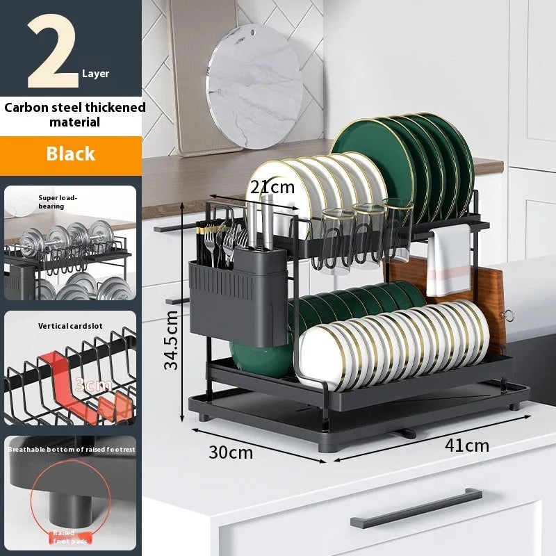White double-layer kitchen storage rack with removable draining components on carbon steel frame