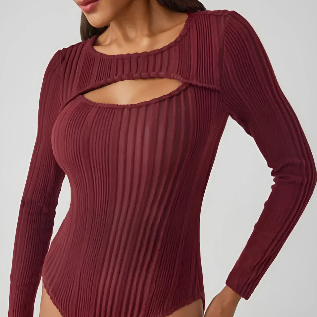Sunken stripe hollow-out slim-fit one-piece T-shirt top in wine red, high waist, long sleeves