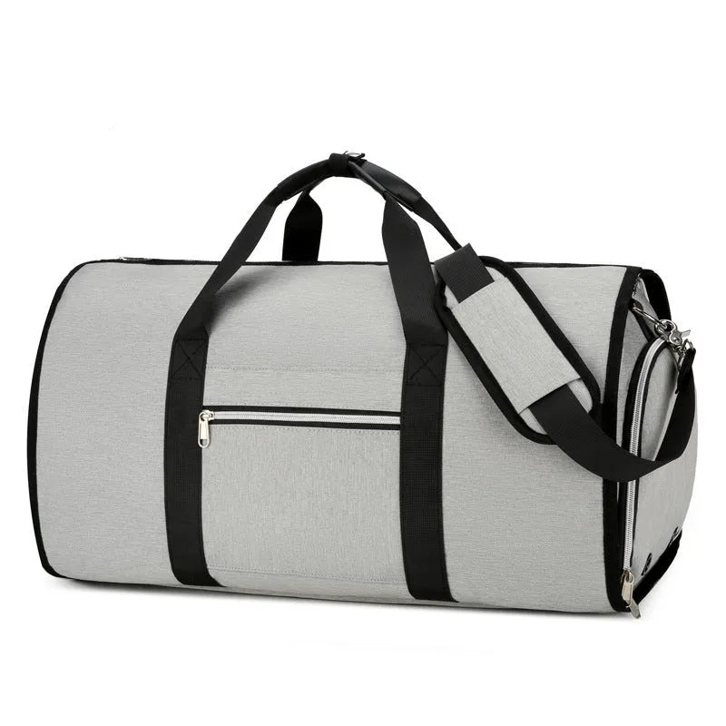 Oxford cloth sports bag in grey colour showing main compartment and separate dry-wet section.