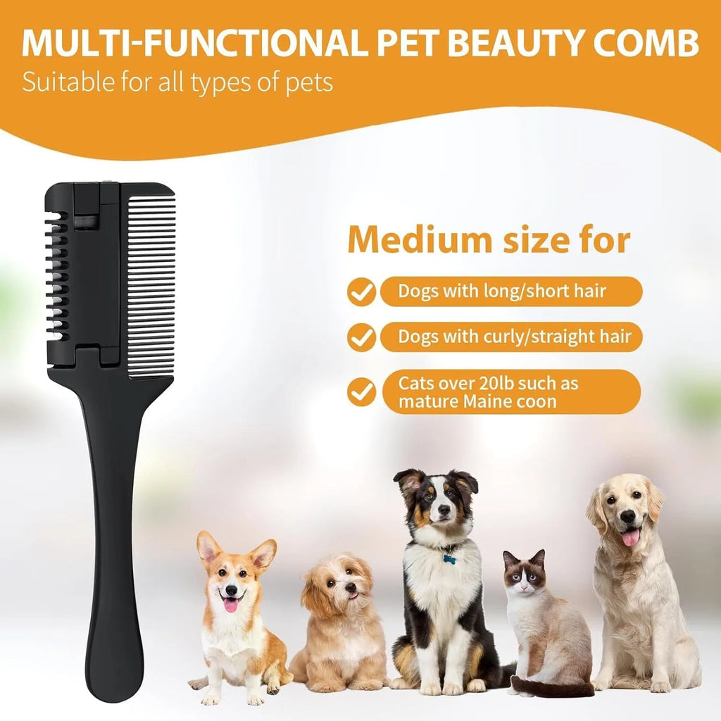 Pet razor comb grooming tool with comb teeth and razor blade, includes ten spare blades.