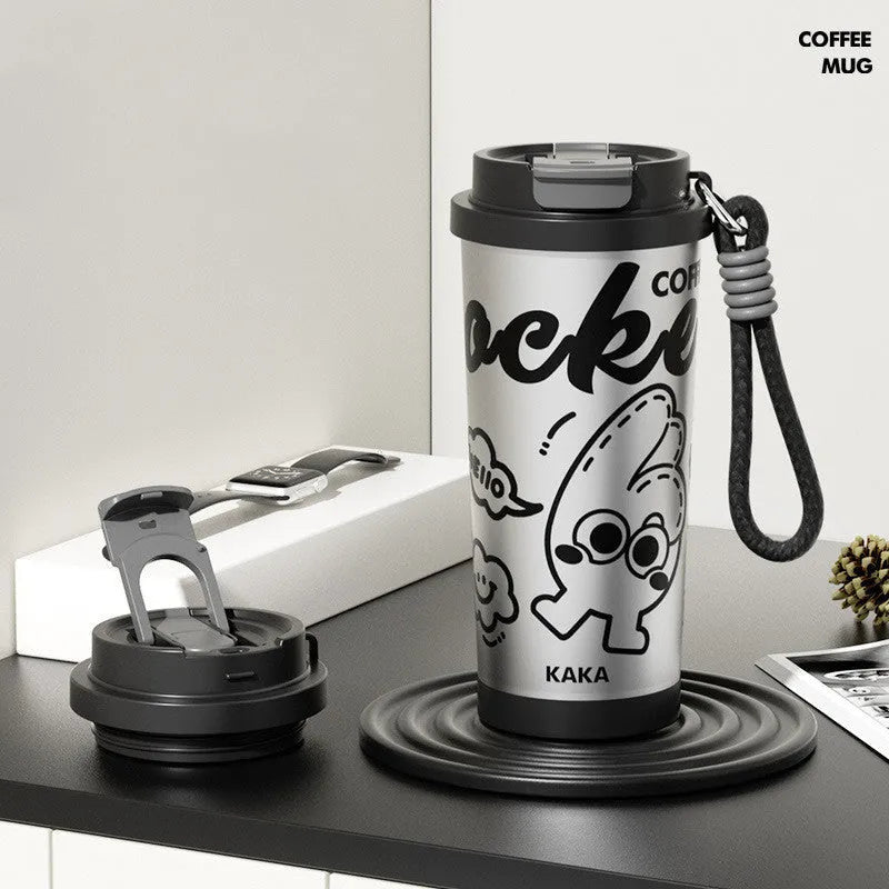 Creative stainless steel vacuum cup in green, black, pink purple or blue/red colours showing 500ml capacity