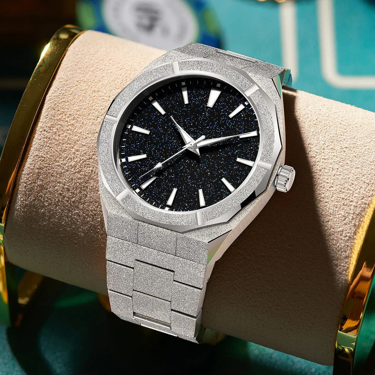 Business men's wristwatch with frosted stainless steel case and luminous hands in silver colour