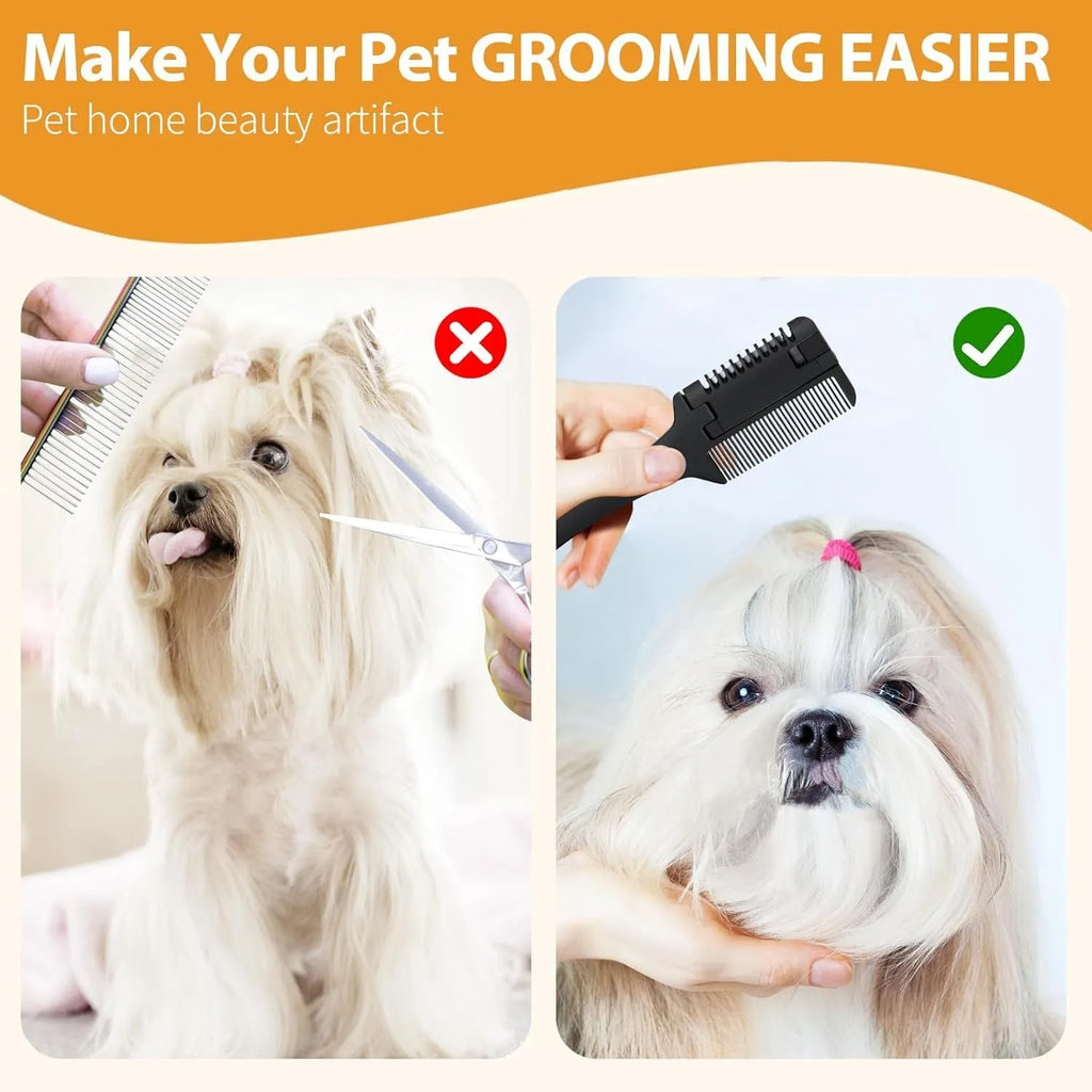 Pet razor comb grooming tool with comb teeth and razor blade, includes ten spare blades.
