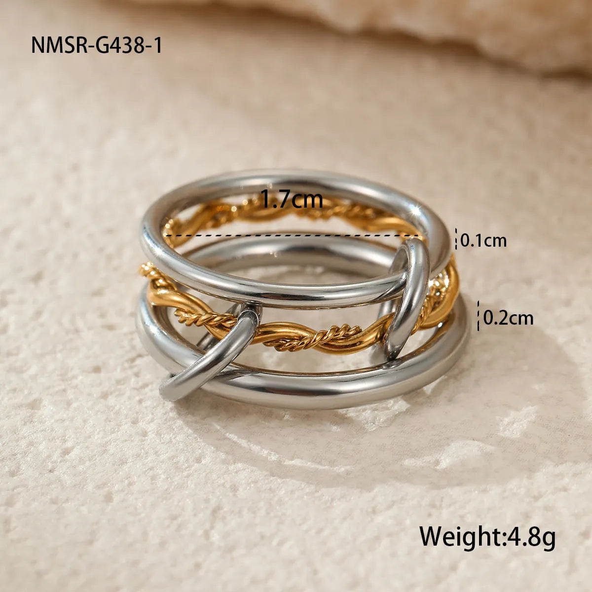 Stacked stainless steel ring with 18K gold plating in three colour variants for women's hand jewellery