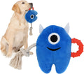 Blue and green plush dog toy with cotton rope segments and squeaker for chewing and tugging