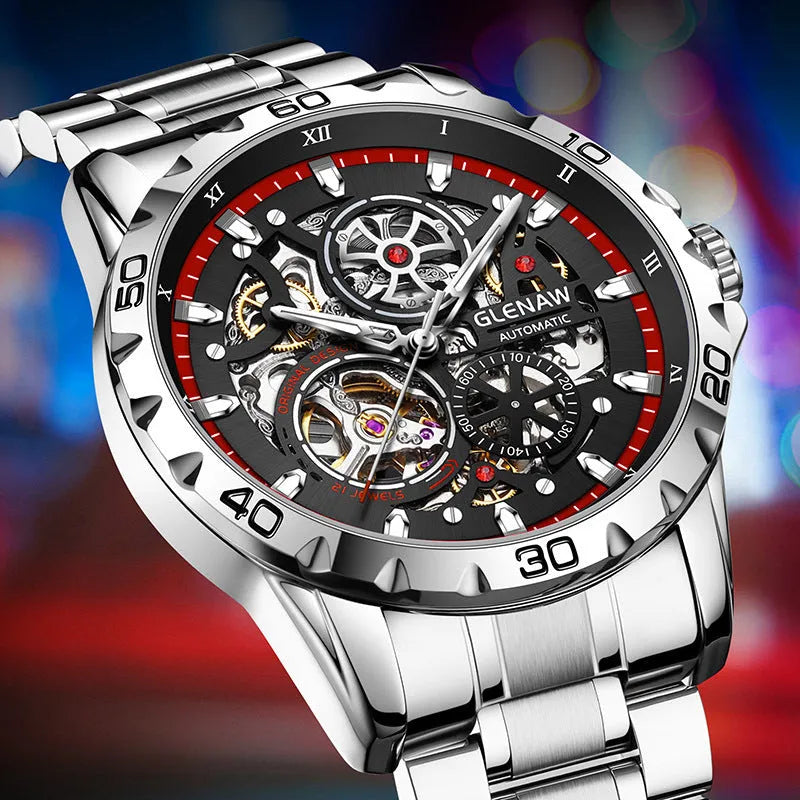 Men's automatic mechanical watch with hollow-out design showing movement through dial and case back