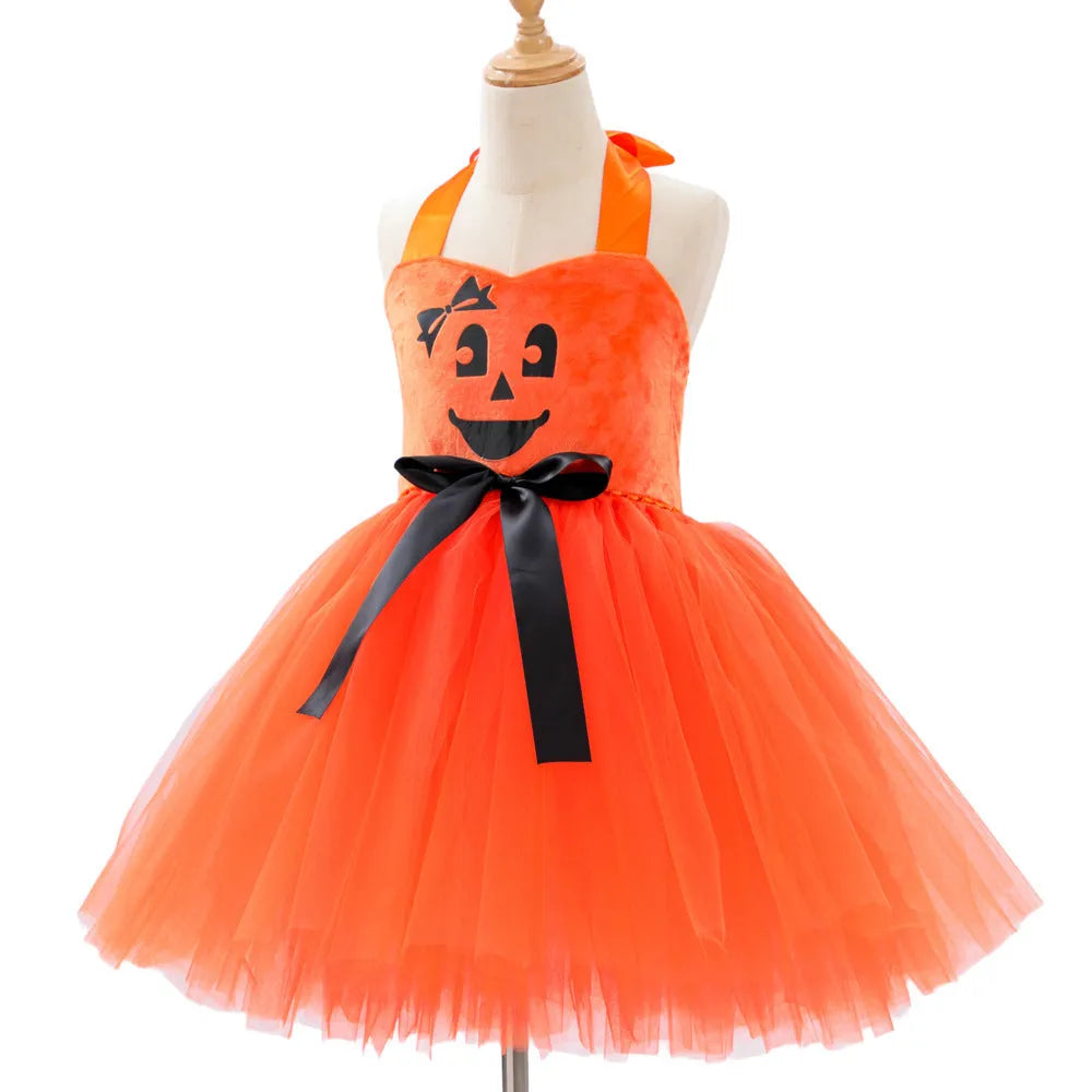 Children's creative festival Halloween cute pumpkin girl dress in orange yarn with mesh fabric and sling style