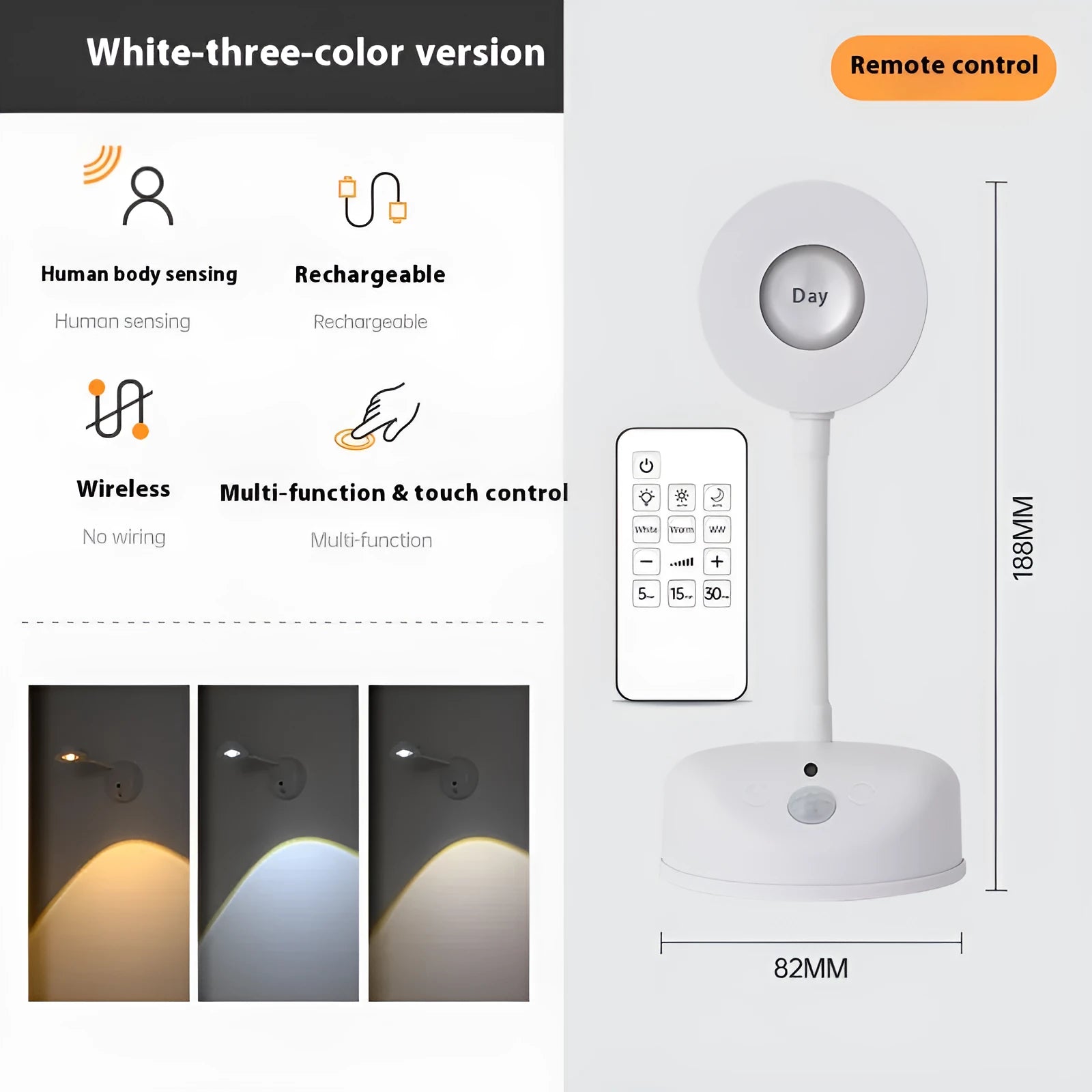 Geometric wireless rechargeable wall lamp in black or white with remote control