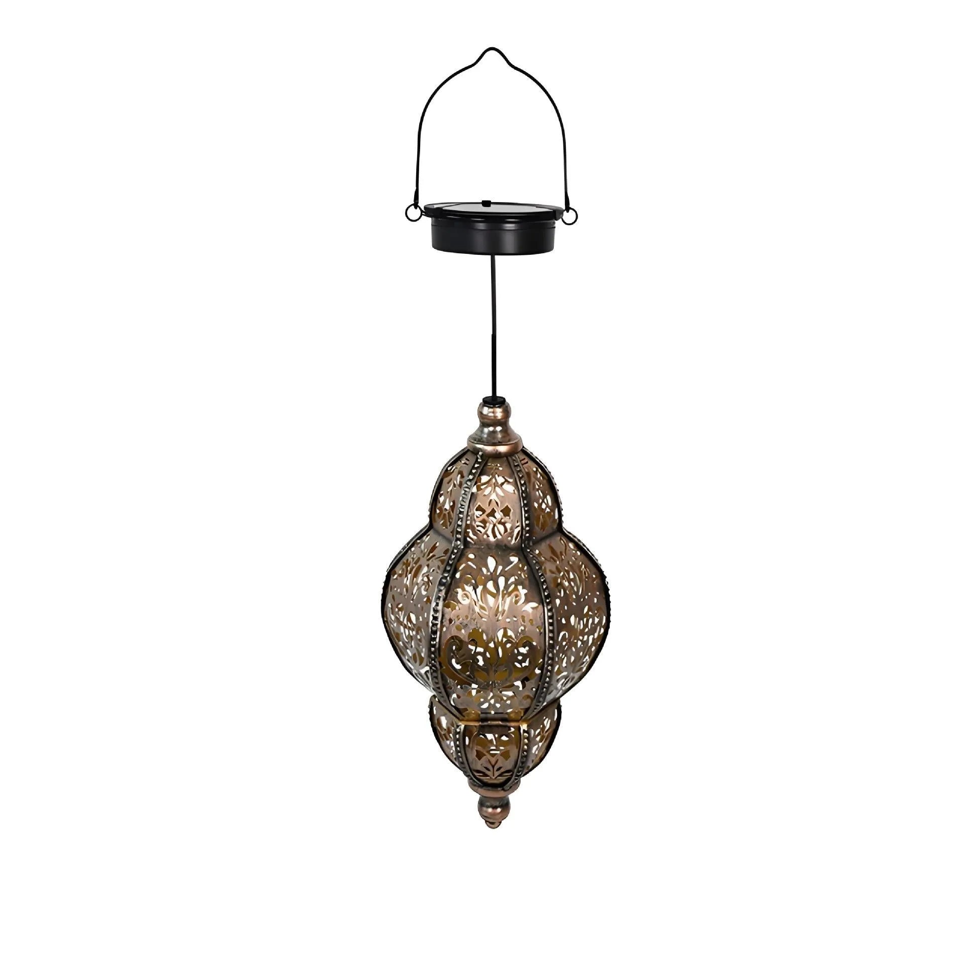 Solar iron hollow lantern chandelier hanging in outdoor courtyard with IP44 waterproof protection