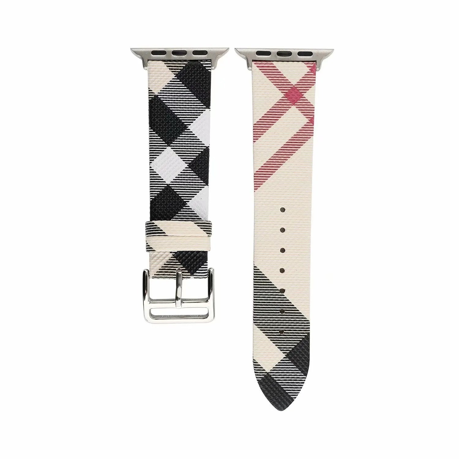 Grey plaid leather-style PU watch strap for 38/40mm or 42/44mm watch cases on a white background