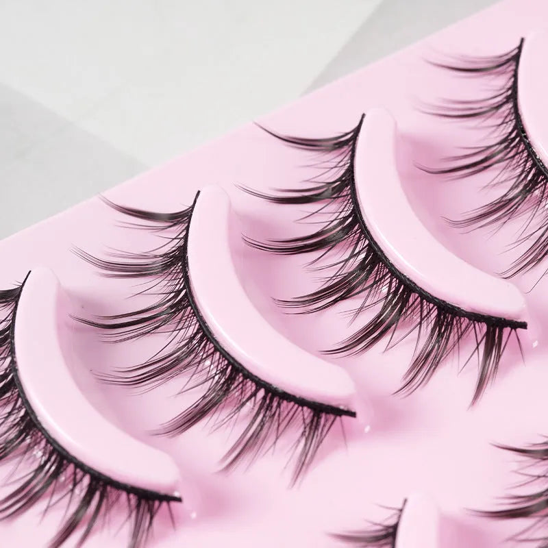 Pack of manga anime style false eyelashes showing three natural wispy designs for Korean makeup and cosplay
