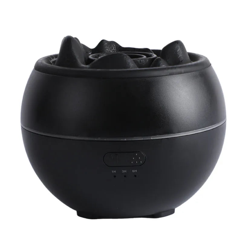 Flame aroma diffuser with timer, 300ml water tank, black crack style, on a wooden desk, with visible USB cable