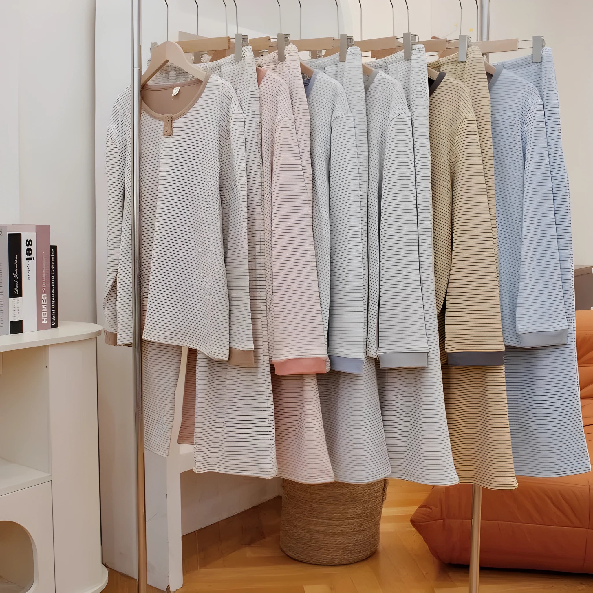 De velvet women's round neck pullover pyjama suit with striped trousers in light blue