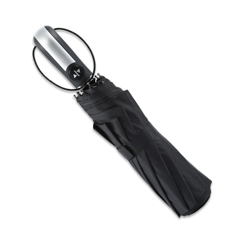 Large black business umbrella with steel frame and automatic opening mechanism