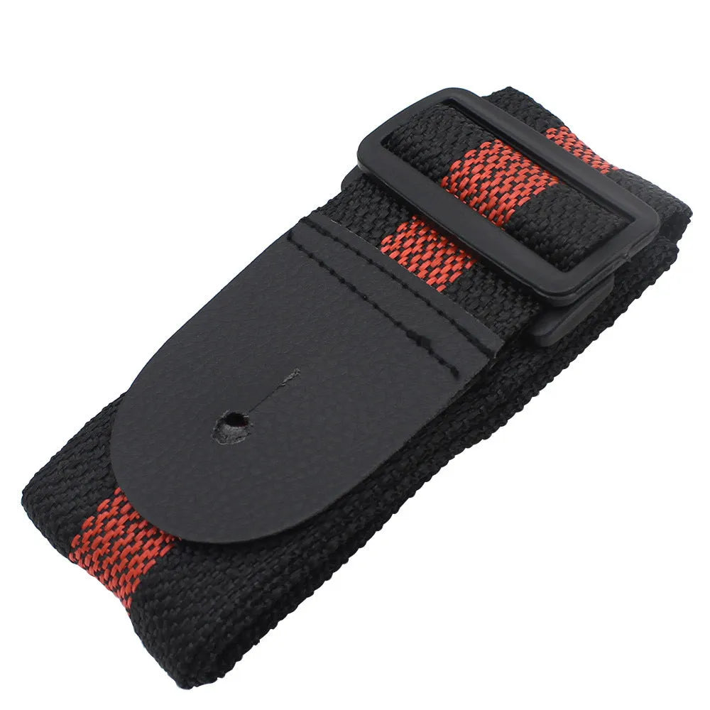 Folk stripe patterned woven instrument strap for electric guitar, bass, or ukulele.