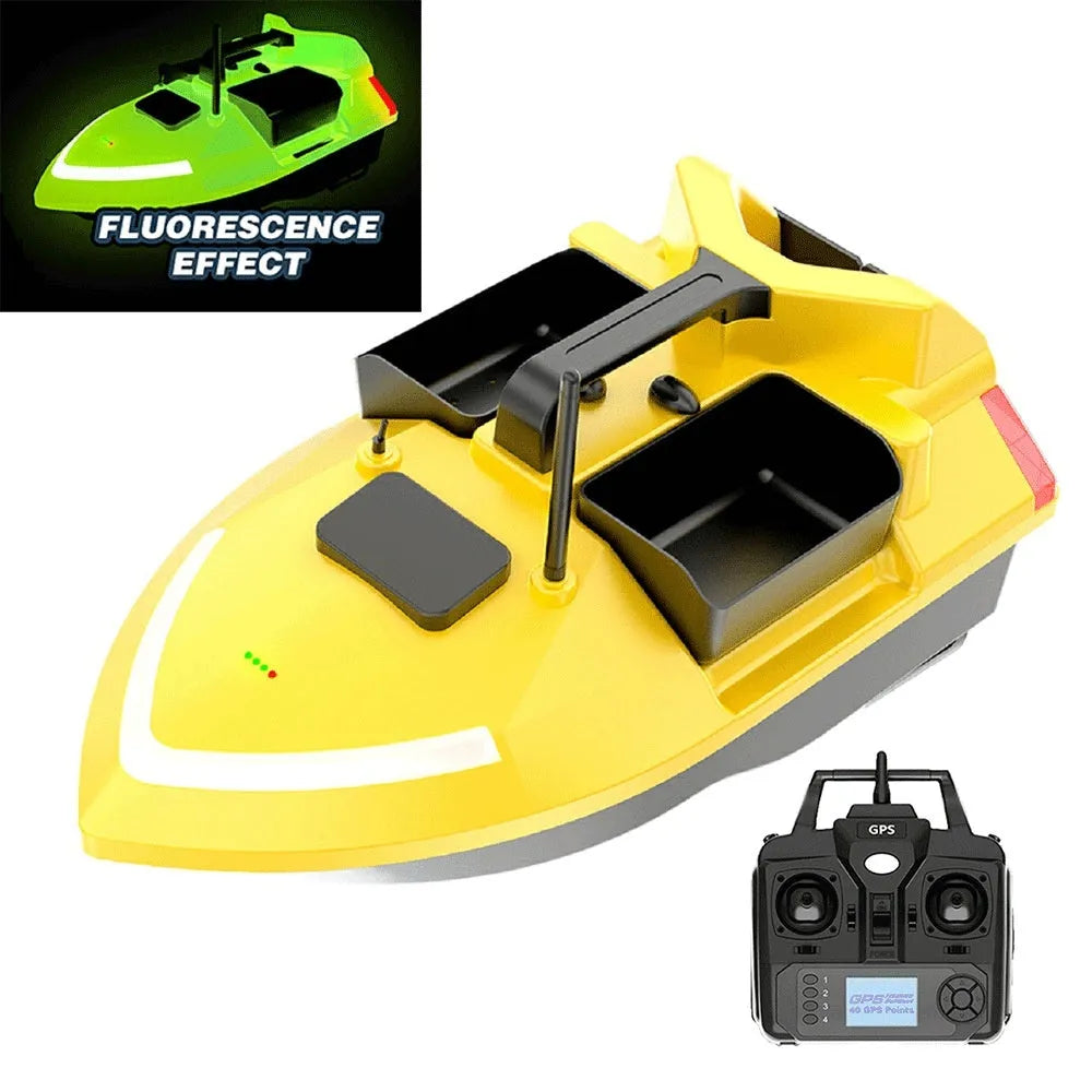 GPS remote control fishing boat in black or luminous yellow with remote control and handbag.