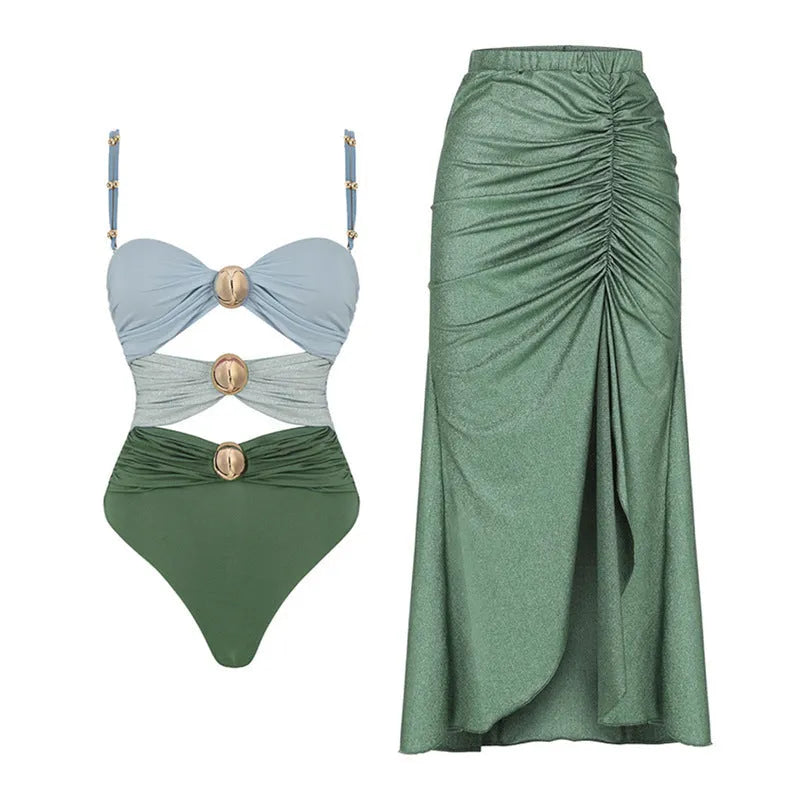 Women's high-waist split bikini set with matching skirt in yellow or green colour