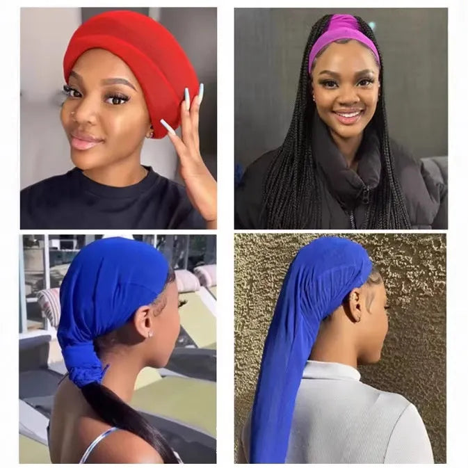 Breathable spandex mesh wig cap shown in multiple colour options including black, brown, leopard, and pastels.