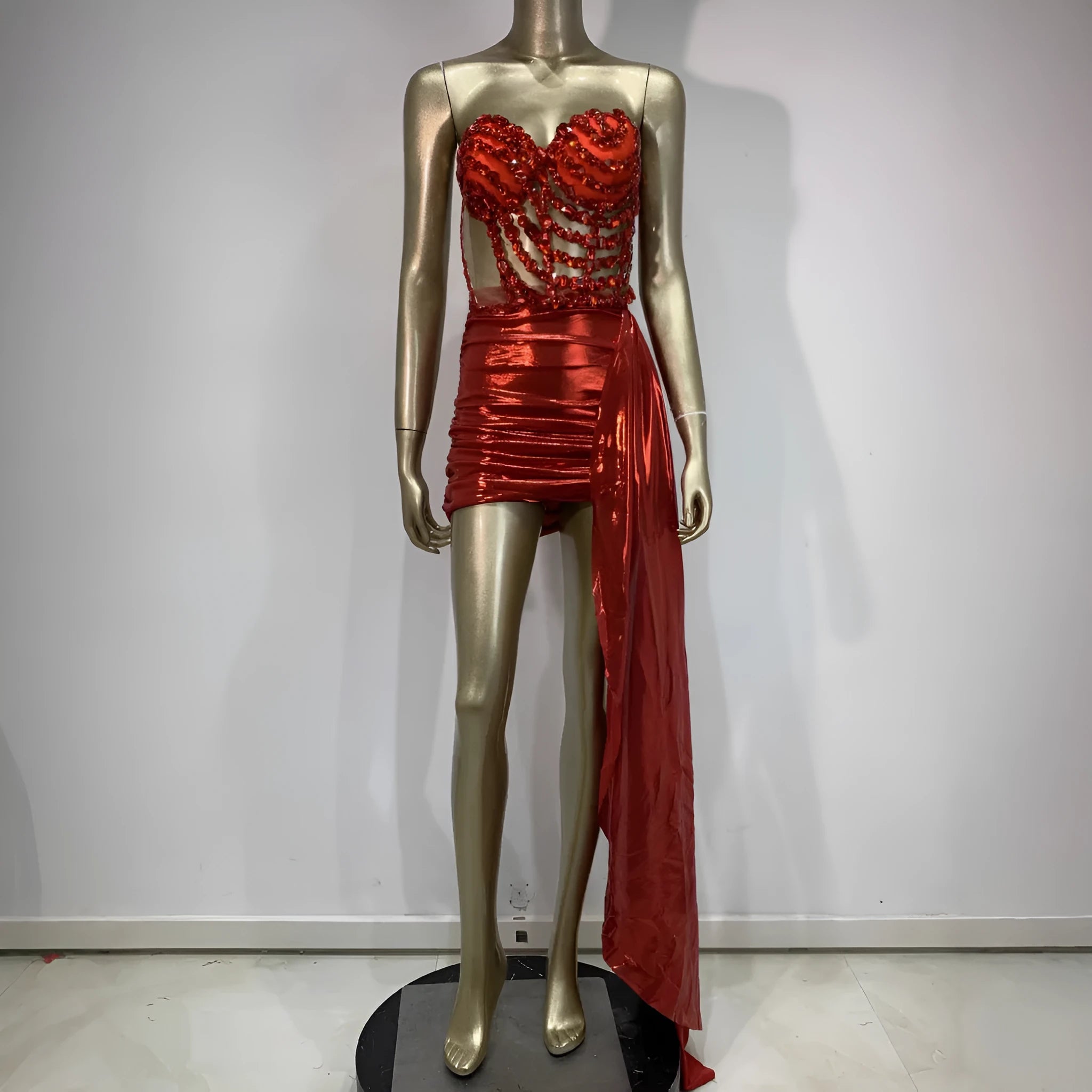 Red hollow mesh see-through skirt suit stage costume for women performers