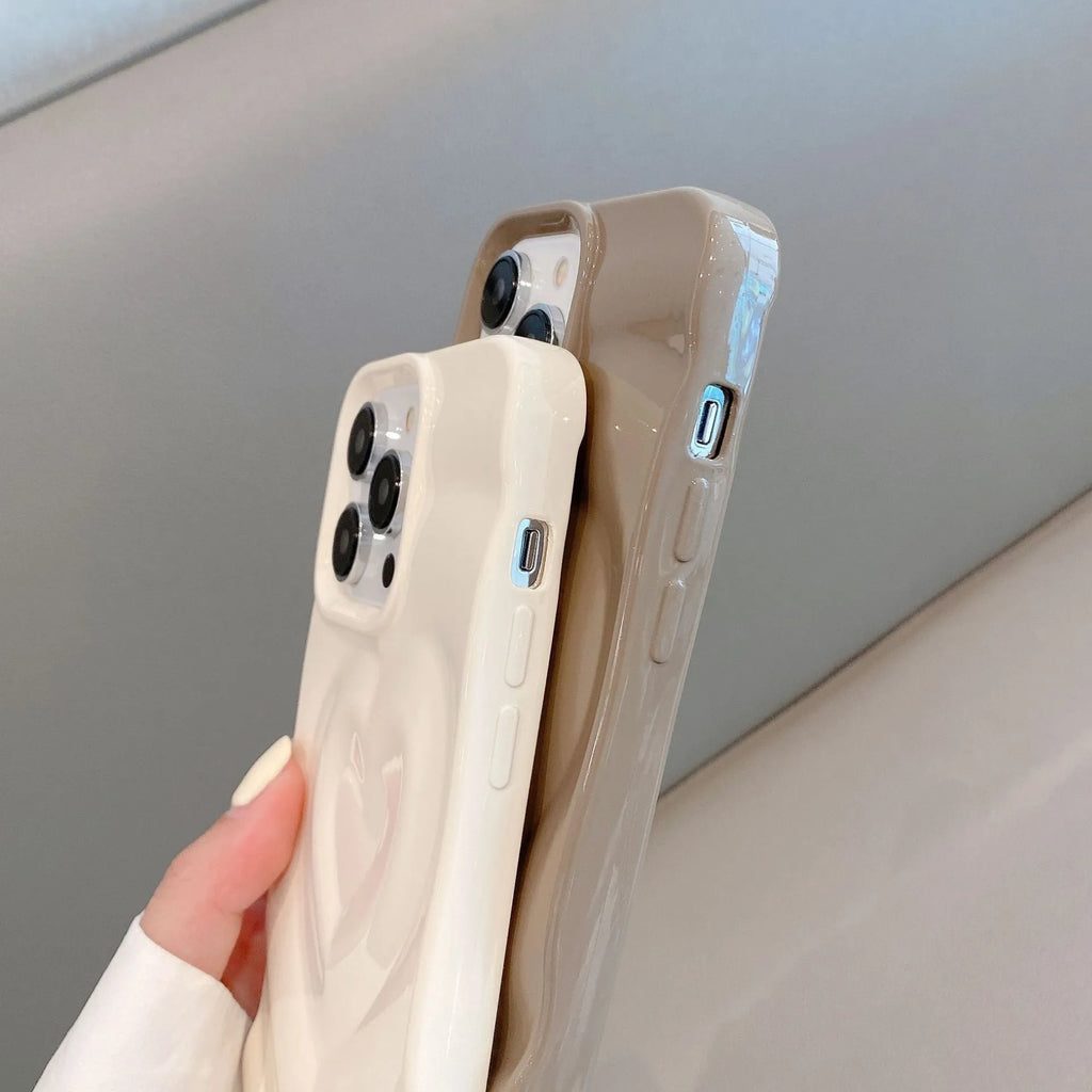 Three-dimensional love wave pattern pleated TPU phone case in milky white, compatible with iPhone 11 to 15