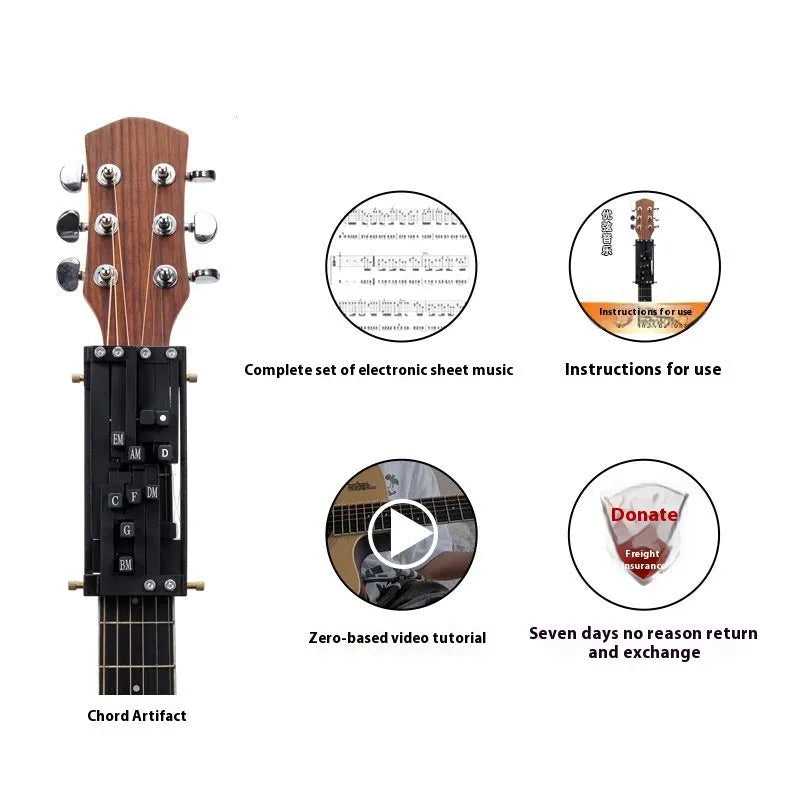Automatic chord practice device for folk guitar, shown in black, designed for novice second chord training.