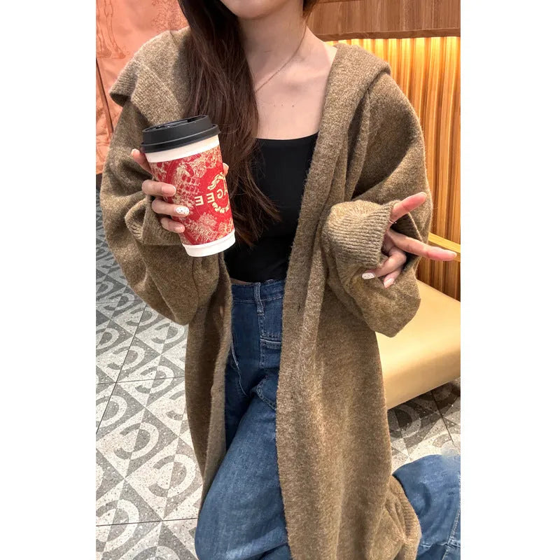 Korean style hooded long knitted cardigan for women in brown colour, below knee length